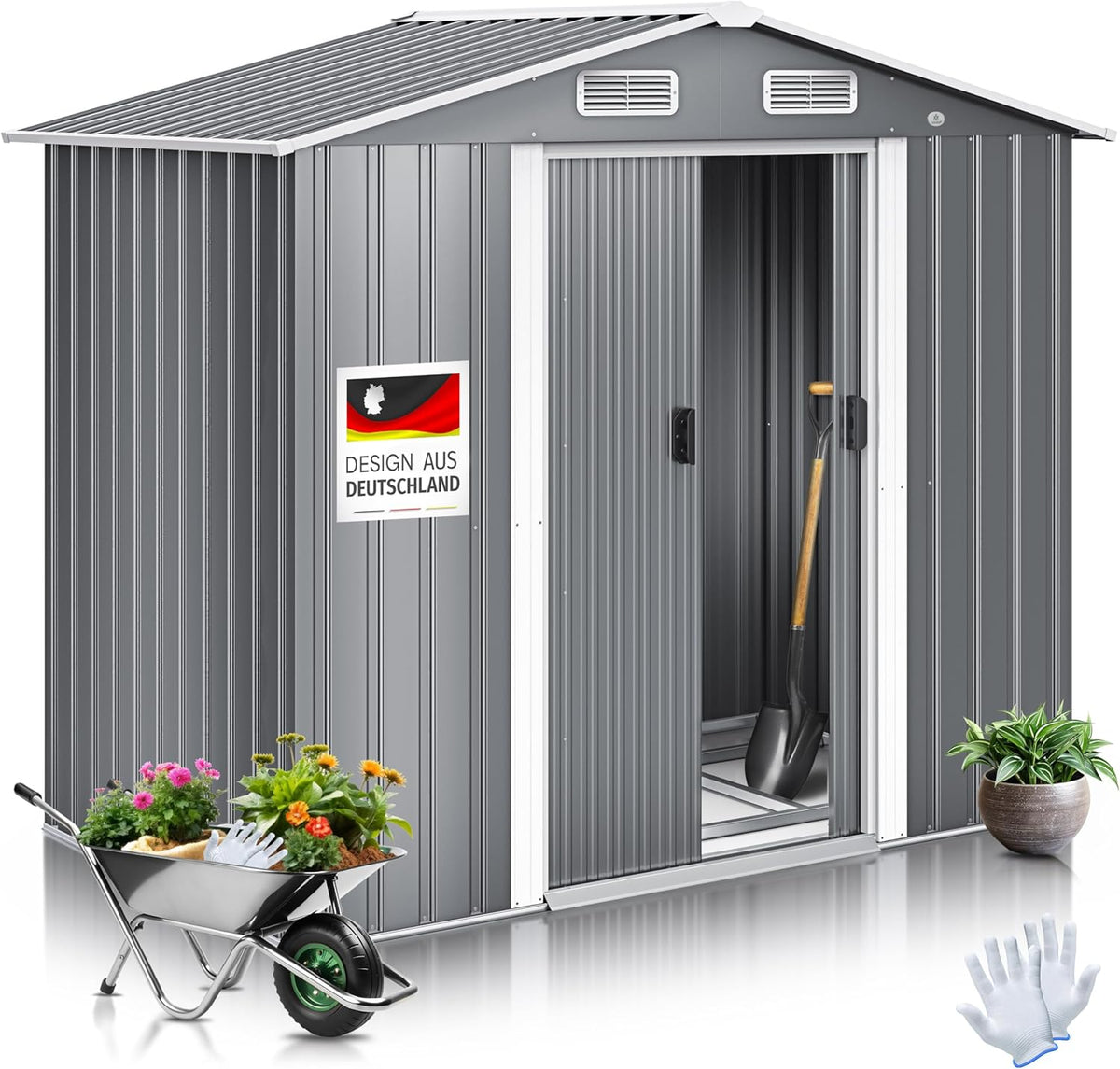 cobertizo de jardín, KESSER, XL de Metal 4,2 m3 con Base, 195 x 131 x 186 cm, 2 Puertas Correderas y Bases, con Guantes de Trabajo, Armario