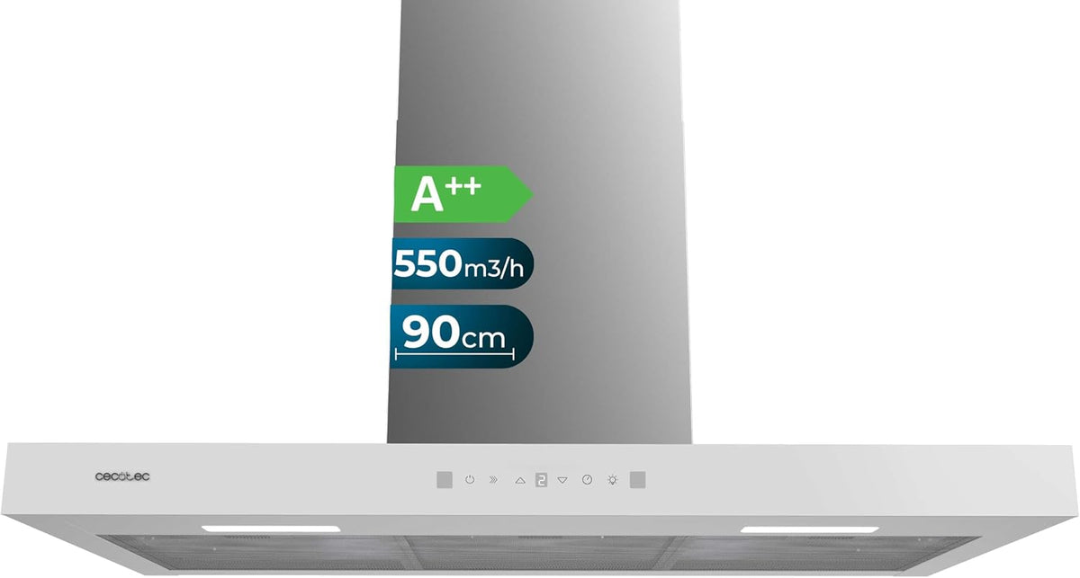 Cecotec campana extractora, 90 cm Tipo T Bolero Flux TT 905500 Glass White A++. 70W, Succión 550m3, 3 Niveles, Bajo Consumo, Control Táctil, Booster
