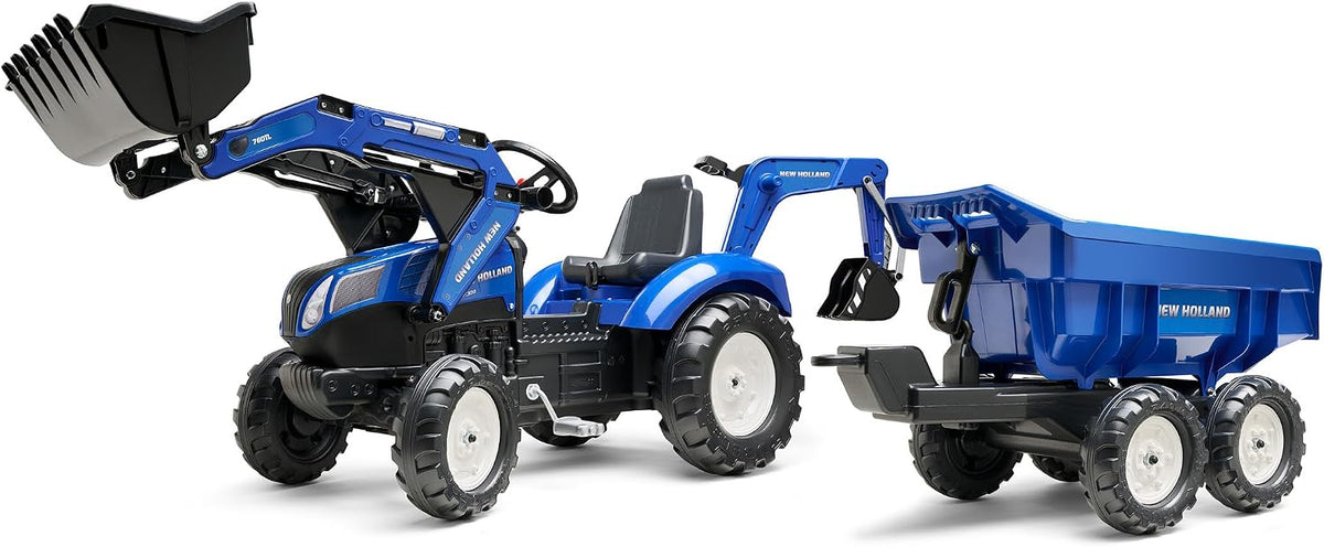 Falk Excavadora FALK - Retroexcavadora de Pedales New Holland con Excavadora y Remolque basculante - A Partir de 3 años - Fabricada en Francia