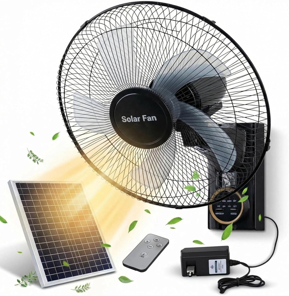 Ventiladores de pared, DSKJHI, Ventiladores Solar Exterior para Terraza y Jardín, Cable de 5m, 3 Velocidades Ventilador Solar con Mando, 40CM