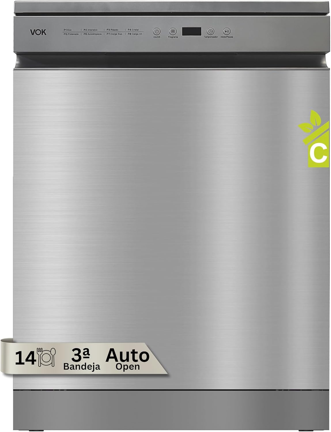 lavavajillas, VOK, 60 cm 14 Cubiertos Inox – 3a Bandeja, 8 Programas, 47 dB Silencioso, Apertura Automática, Aquastop