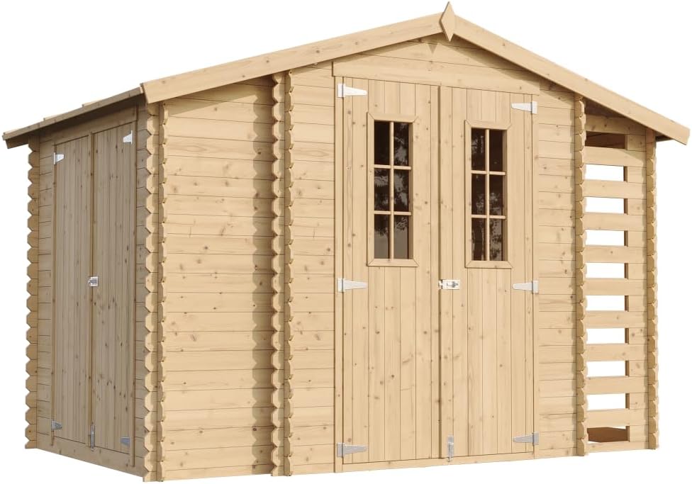 cobertizo de almacenamiento M389C, TIMBELA, M389C+M389G Caseta de Madera para jardín con leñera y trastero con Suelo - caseta de Pino