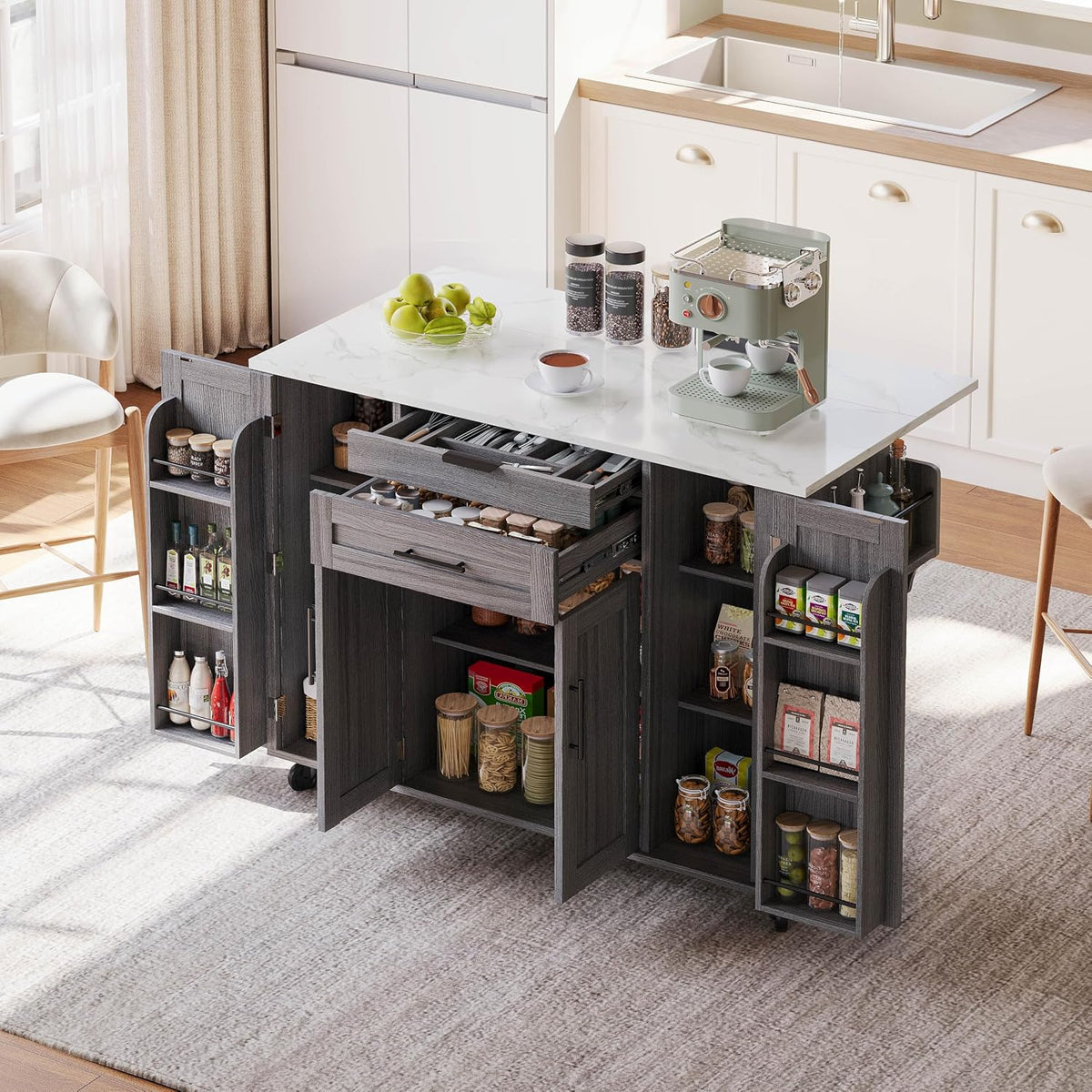 Islas de almacenamiento móvile, LAKFEW, Isla Cocina con Ruedas, Mueble Auxiliar de Cocina con Tablero Plegable y 2 Cajones, Gris, 136x45(70) x92 cm