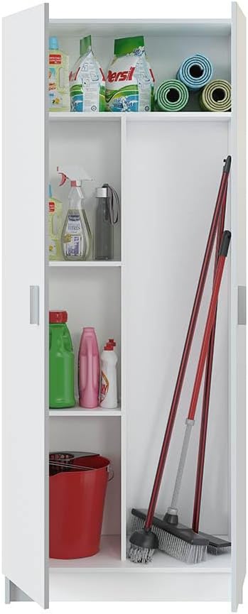 armario, Habitdesign, Color Blanco Mate, Escobero 2 Puertas 3 Estantes, 180x73x37 (AltoxAnchoxFondo - en cm)