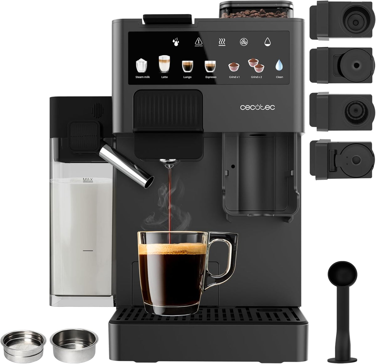Cecotec cafetera, de Cápsula Freestyle Grind & Latte. 1400W, 20Bares, Café Grano 40g, 1.6L Depósito Agua, 300ml Leche, Multicápsulas, Molinillo Cónico