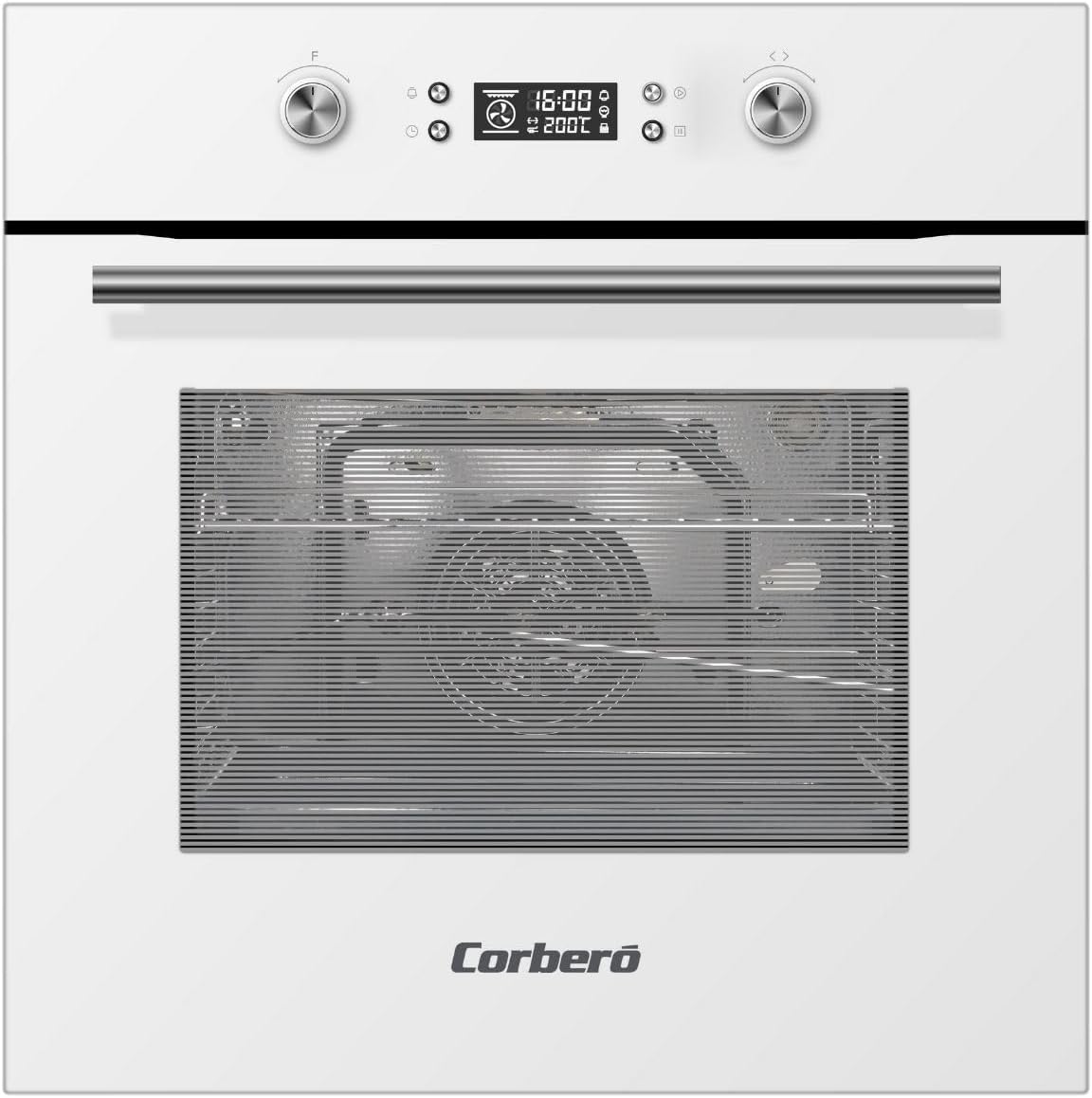 horno de pared CCHMP1033W, Corbero, Corberó- Horno Pirolítico Multifunción 70L, 3200W, 8 Programas, Display Digital, Mandos Escamoteables, Blanco