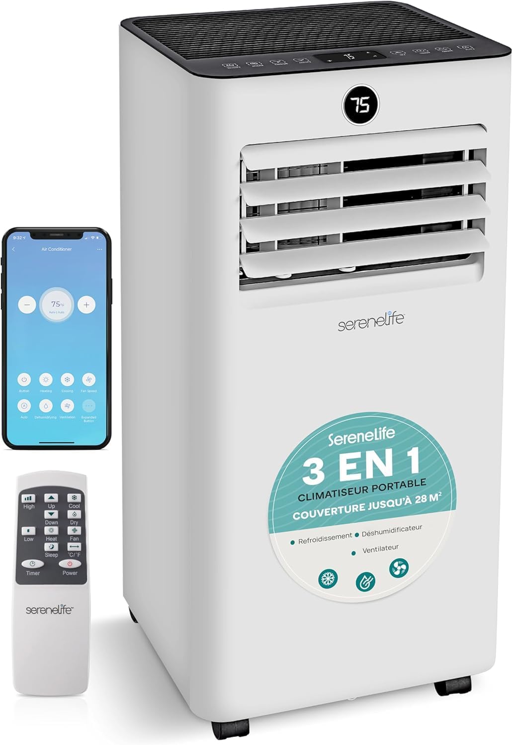 aire acondicionado portátil, SereneLife, Aire Acondicionado Móvil 7000 BTU 2,05 kW - con Descarga, Ventilador y Deshumidificador