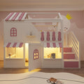 cama, Zravenna, individual de madera con forma de casa (blanco y rosa, escalera de almacenamiento con pasamanos, techo, alero, barandilla y puerta