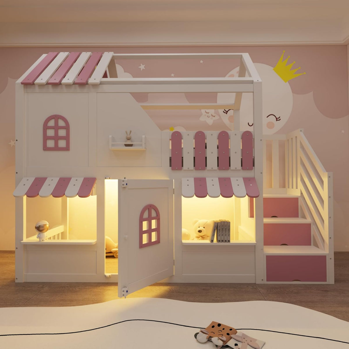 cama, Zravenna, individual de madera con forma de casa (blanco y rosa, escalera de almacenamiento con pasamanos, techo, alero, barandilla y puerta