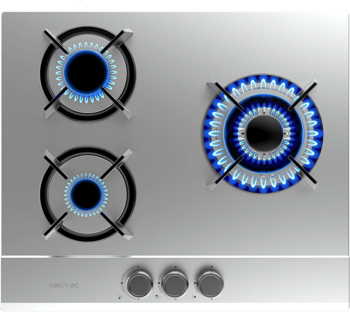 Cecotec 3200S Placa, de Gas Butano y Natural 3 Fuegos Bolero Squad G 3200S Inox. 6250W, Acero Inox, Parrillas Individuales Hierro Fundido