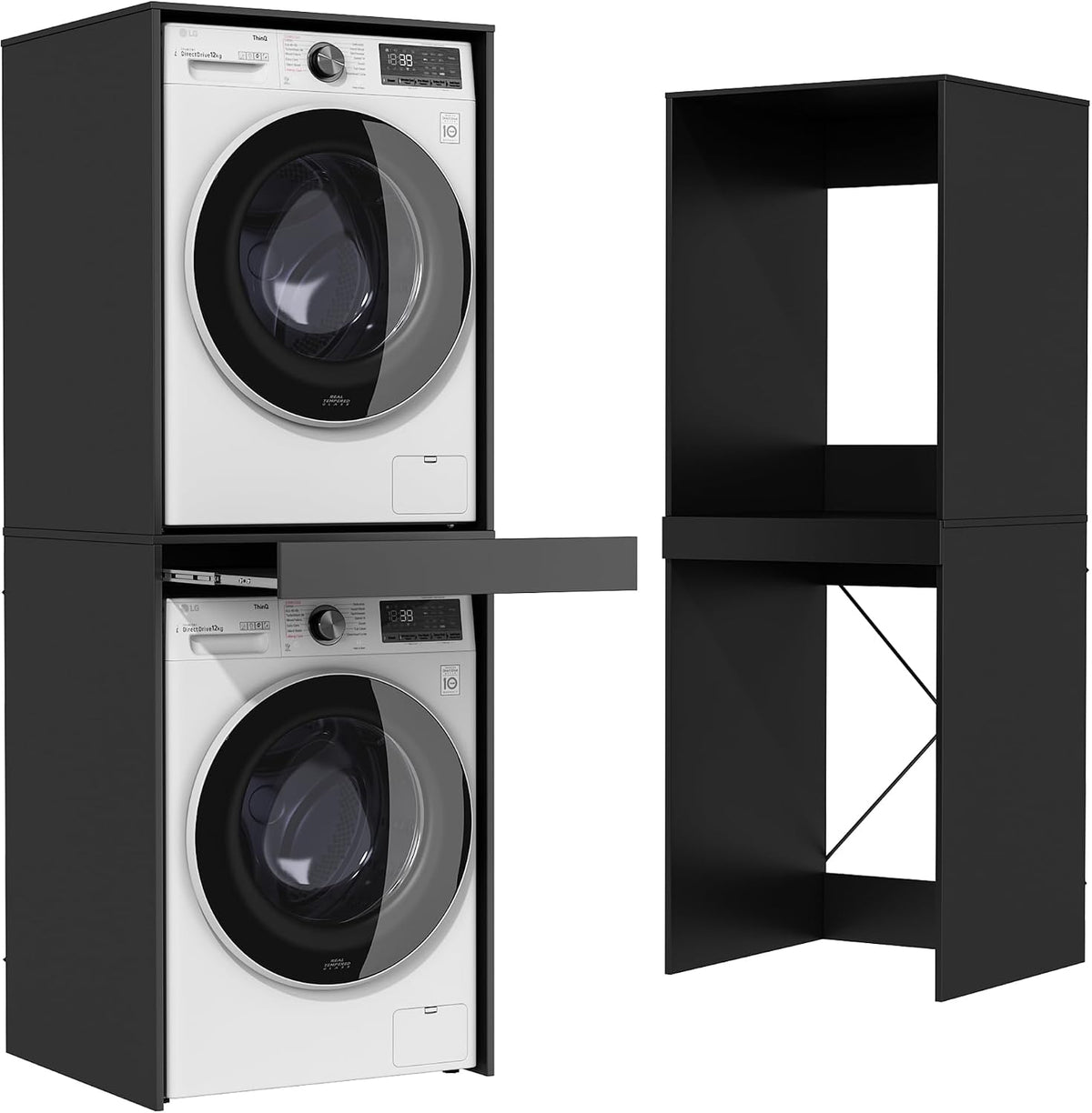 lavadora, Wumagin, Soporte en X y Dispositivo Antivuelco Mueble Vertical para Baño y Lavandería Doméstica, Negro, Estanteria con Estante Extraíble