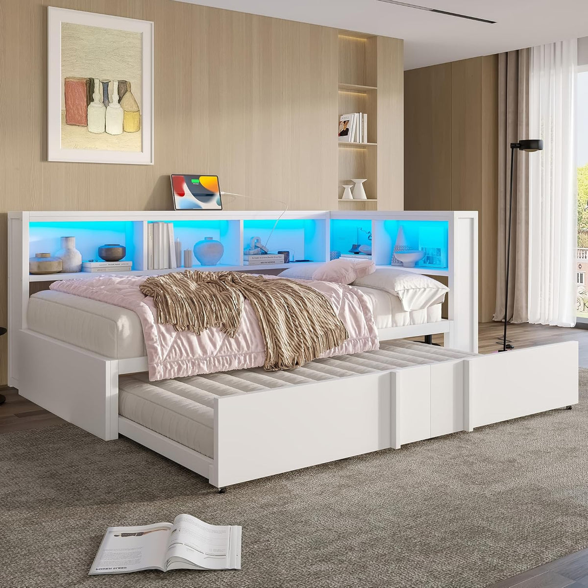 armario, Moimhear, 90 x 200 cm (blanco), Cama de día de metal con cama nido, iluminación LED y puertos USB