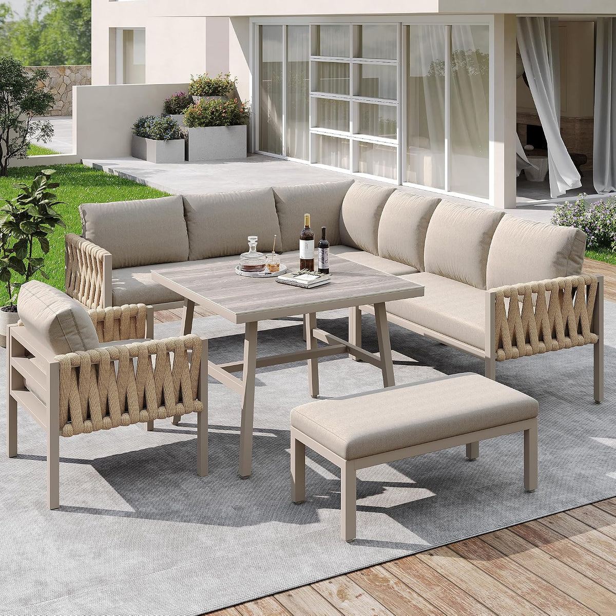 conjunto de muebles de jardín, Huayz, para 7-8 personas, patas ajustables, sofá esquinero, tablero de cristal templado