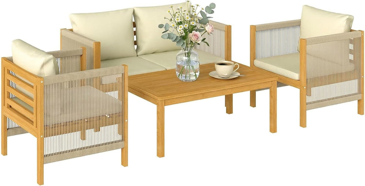 conjunto de muebles de jardín, Outsunny, Conjunto de Jardín Exterior de 4 Piezas, Muebles Jardín Exterior con Sofá de 2 Plazas, para Terraza, Beige