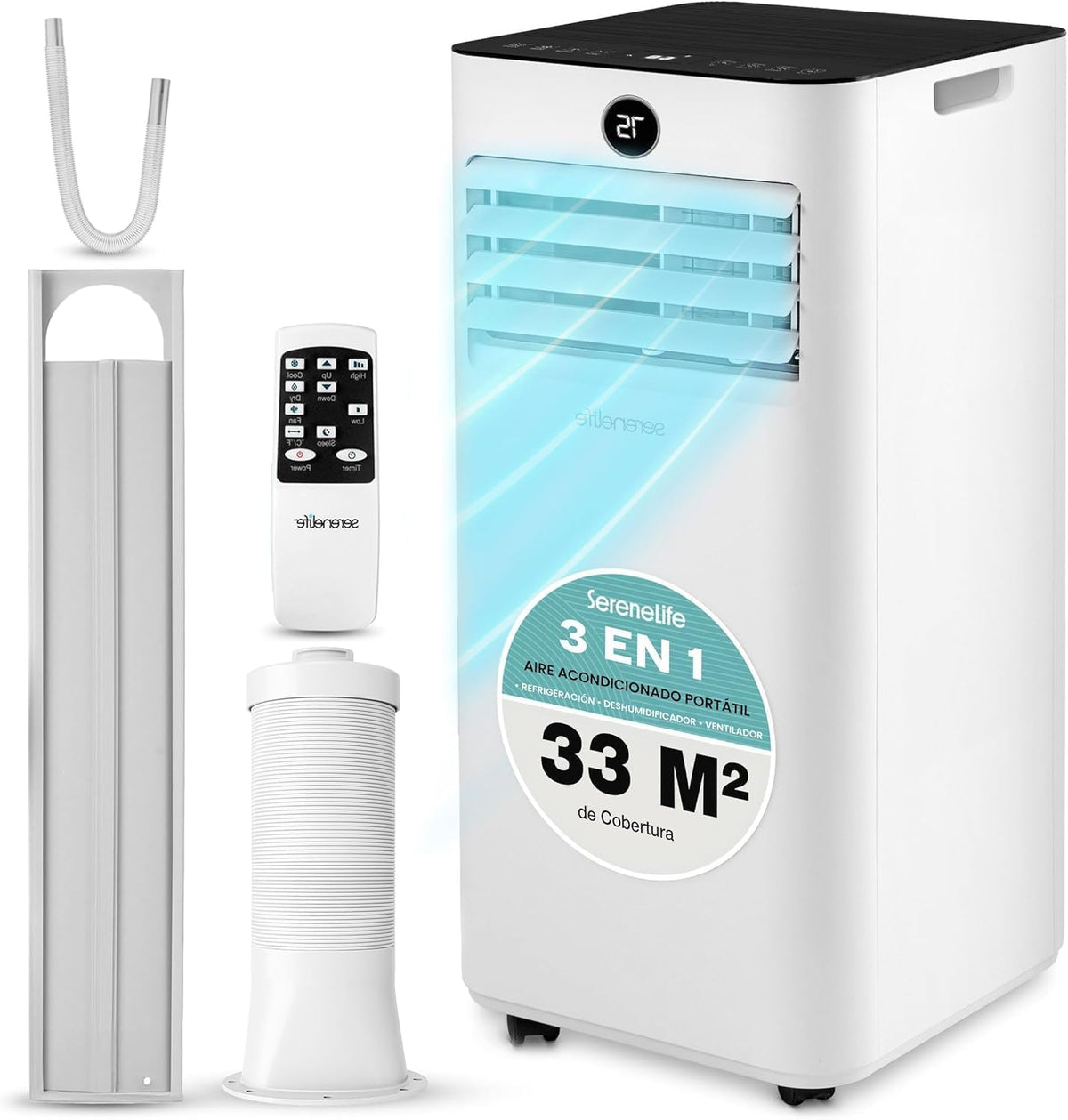 aire acondicionado portátil, SereneLife, 9000 BTU con Kit de Ventana, Deshumidificador 3 Modos, Bajo Consumo, Silencioso con Display LED