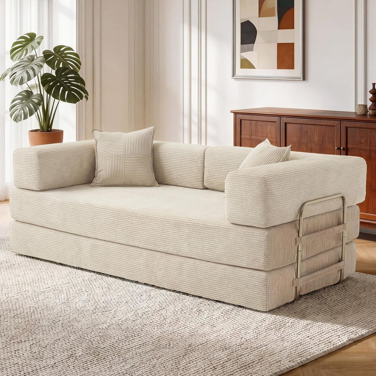 sofá cama, Vipbear, 200cm 3 Plazas con Espuma & Muelles para Salón, Blanco, Plegable 5 en 1, Pana, Modular