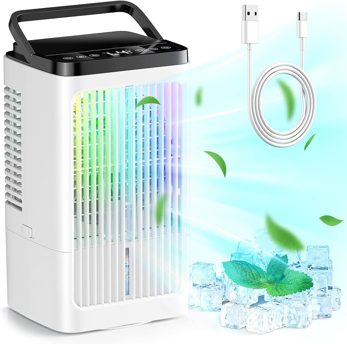 aire acondicionado portátil 1-8H, Terraspire, Enfriador de Aire Portátil 1200ml, 4 Velocidades, 2 Nebulización, 7 Colores LED, Temporizador 1-8H