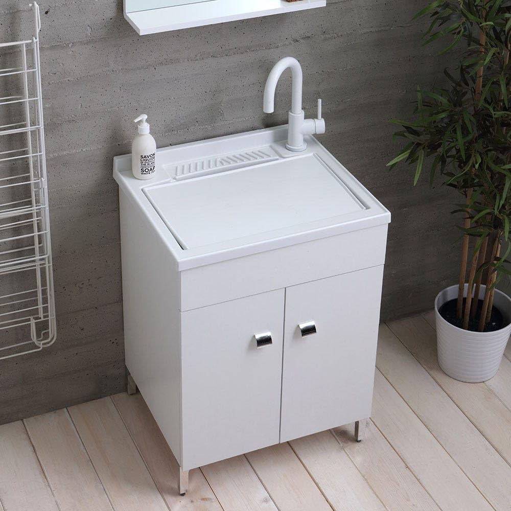 armario, Kiamami Valentina, - Mueble lavadero 60cm blanco con 2 puertas, lavabo con tabla extraíble, Pratico