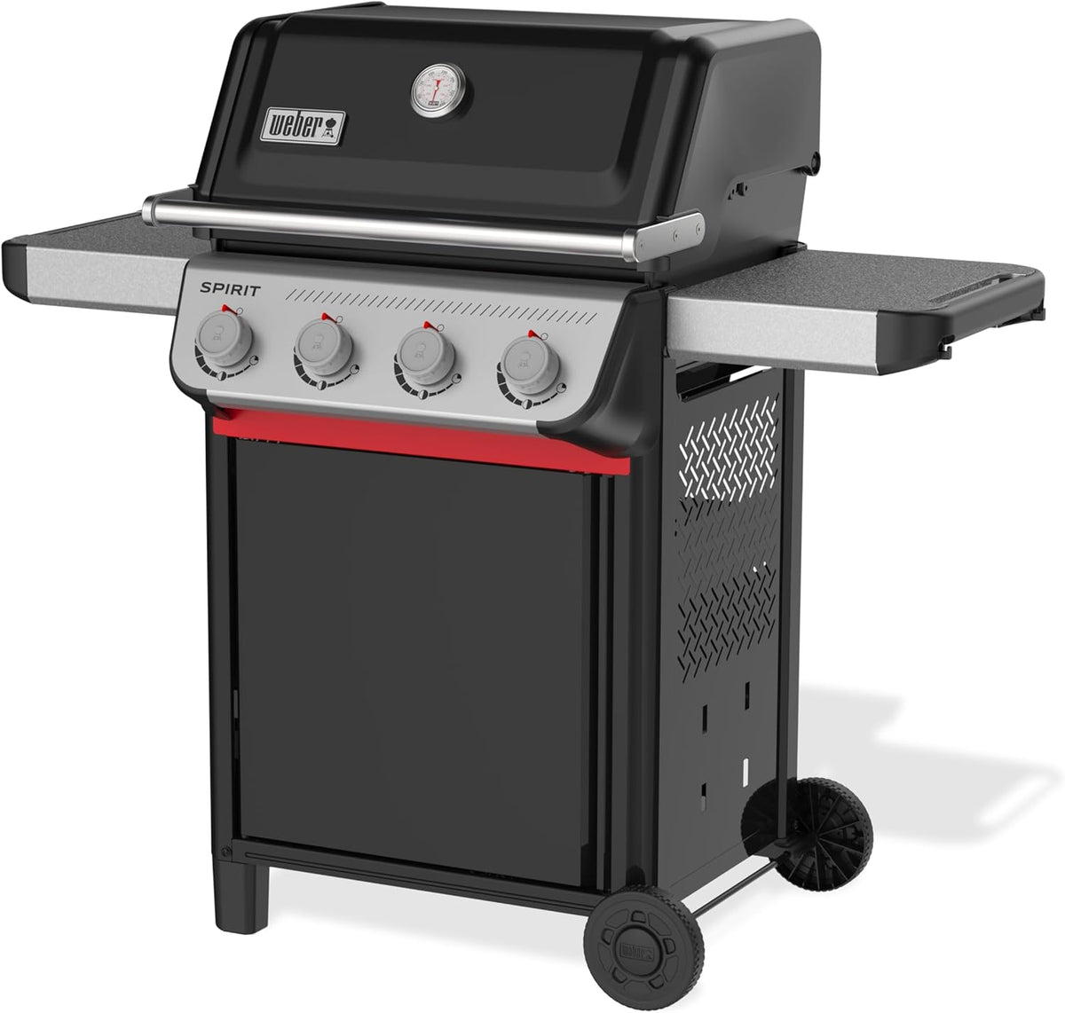barbacoa de gas E-410, Weber, 4 quemadores, 2 ruedas - Negro, Plata (1500891), termómetro en la tapa