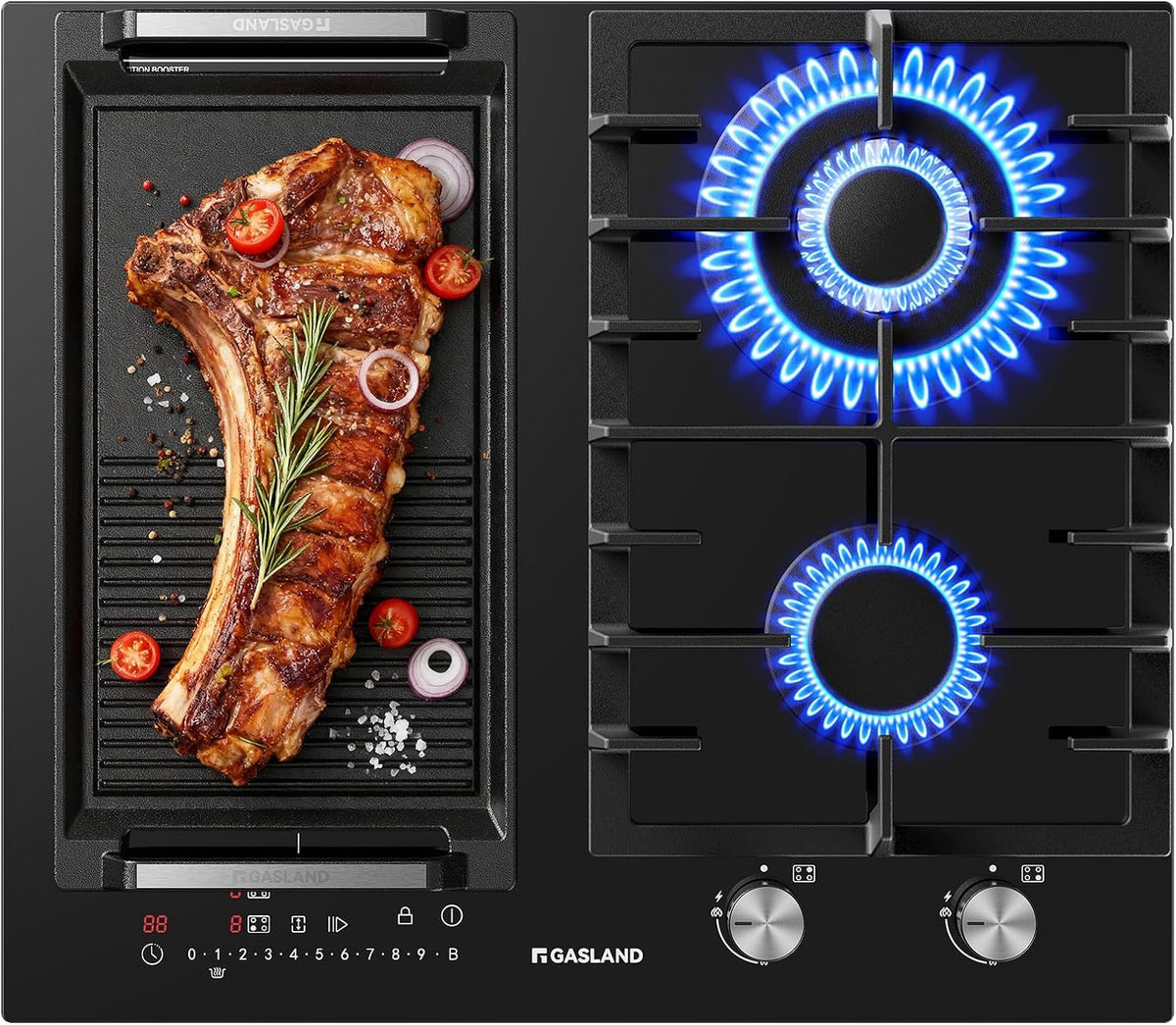 Placa GIH604BF, GASLAND, GIH604BF gas + inducción 60 cm, Inducción 3500 W con función BBQ, Vidrio negro empotrable (Sin sartén)