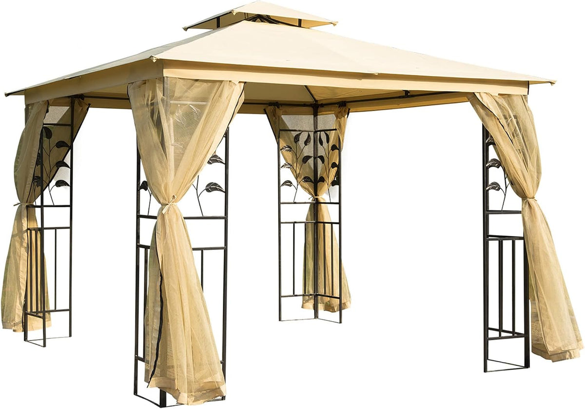 cenador, Outsunny, de Jardín 3x3x2,72 m con Doble Techo y Mosquiteras, Gazebo para Exterior Grande con Marco de Acero, para Patio y Fiesta