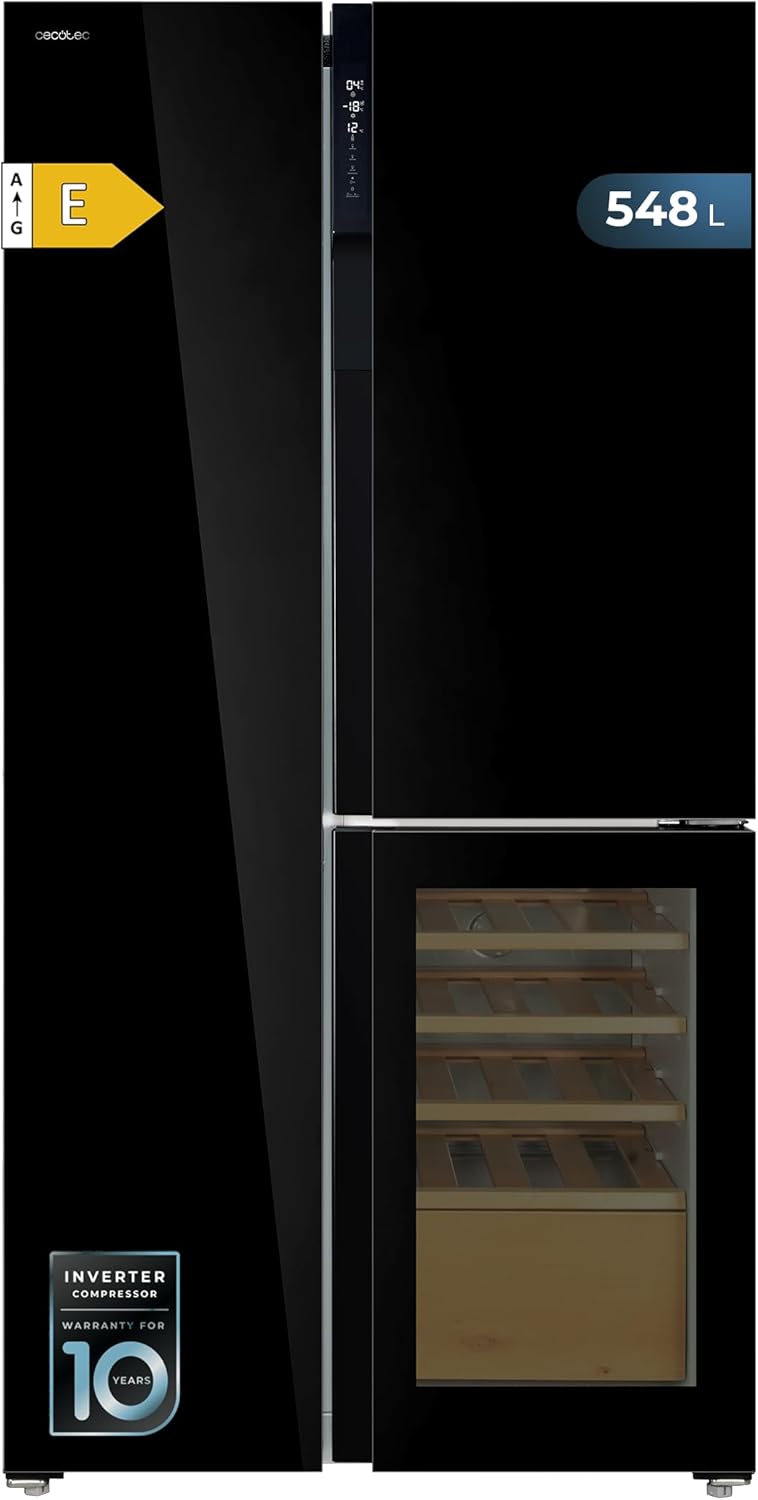 Cecotec frigorífico combi, Frigorífico 3 puertas Bolero CoolMarket TDW 548 Black Glass E, 548 L, Clase E, Diseño T Door, Compresor Inverter Plus