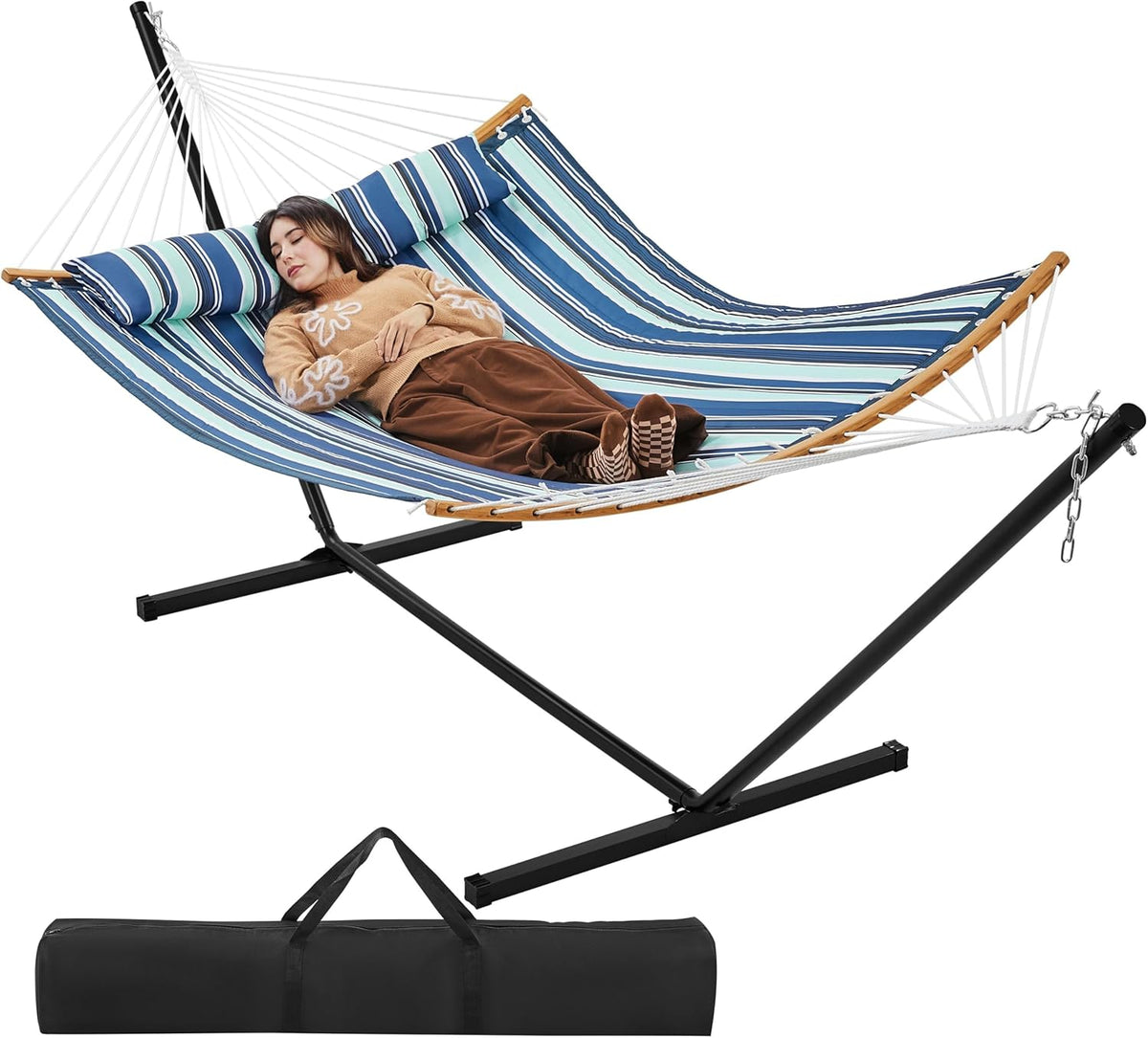 Hamaca, Yaheetech, con Estructura y cojín, Altura Ajustable, Rayas Azules, soporta hasta 216 kg, para 2 – 3 Personas, para Exterior e Interior