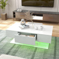 Café, GOPLUS, 110x60x40cm (Blanco), Mesa Baja Rectangular de 2 Niveles con 2 Cajones de Almacenamiento, 20 Colores LED, Mesa de Centro con LED Moderna
