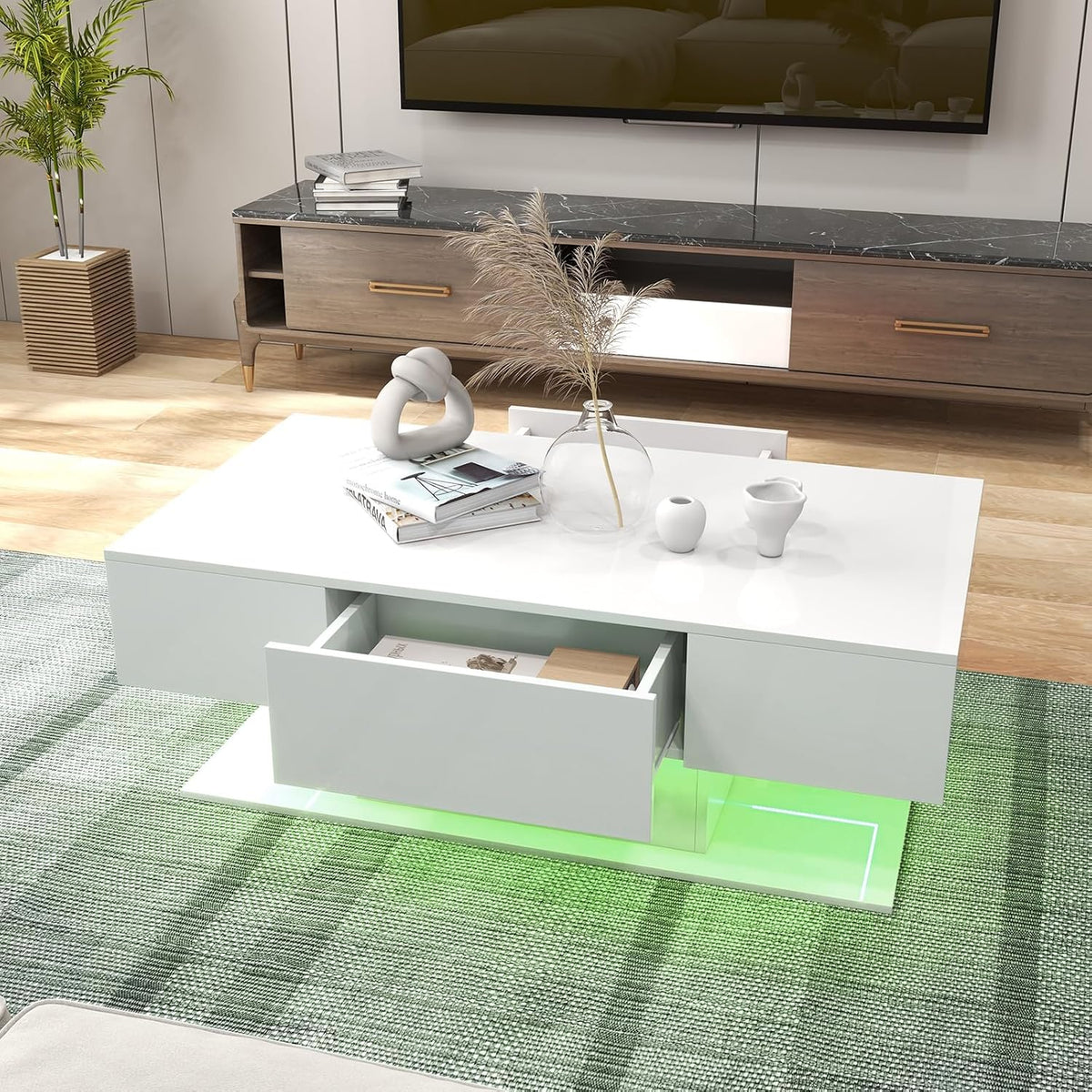 Café, GOPLUS, 110x60x40cm (Blanco), Mesa Baja Rectangular de 2 Niveles con 2 Cajones de Almacenamiento, 20 Colores LED, Mesa de Centro con LED Moderna