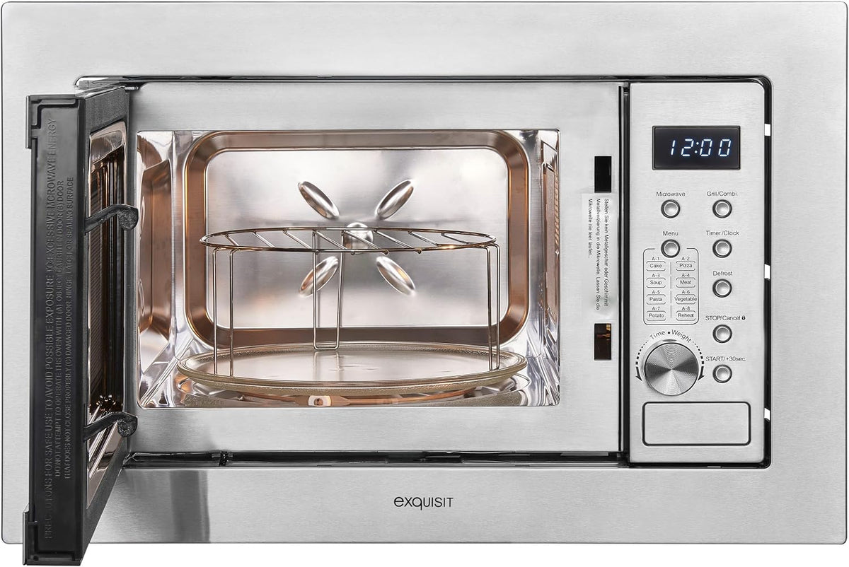 microondas, Exquisit, 20L, 800W, Grill 1000W, 8 Programas Automáticos, Plato 27Cm, Display Digital, Acabado en Acero Inoxidable