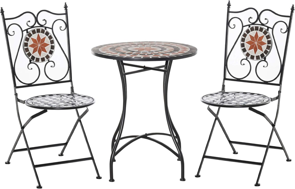 juego de muebles de jardín, Outsunny, Metal y Cerámica, de 3 Piezas con 2 Sillas Plegables y 1 Mesa de Mosaico
