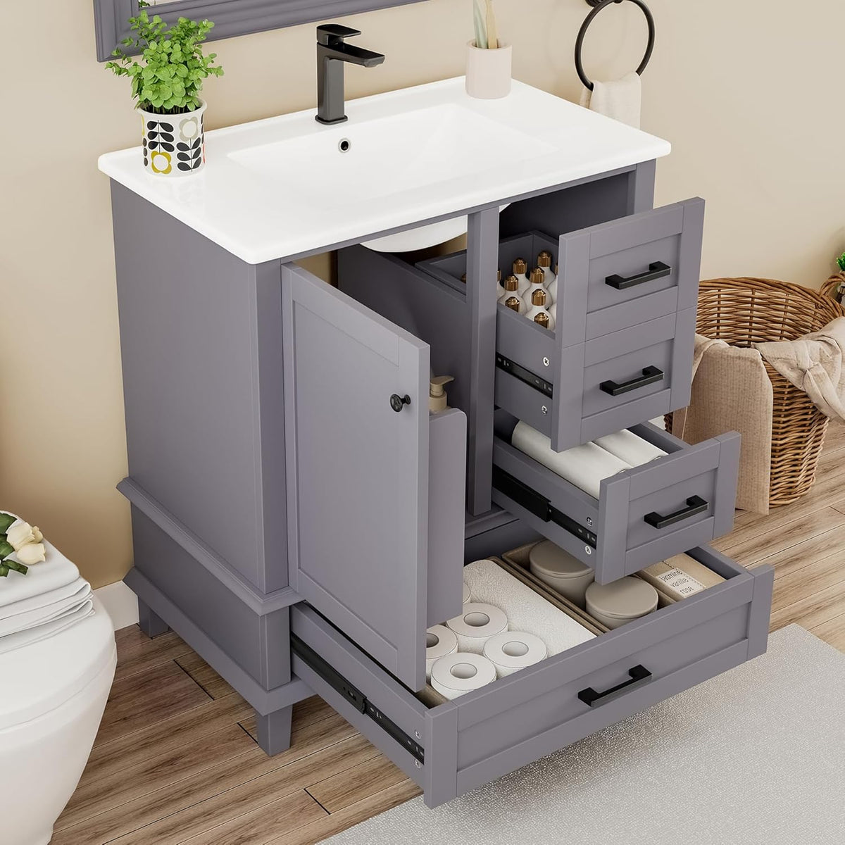 armario, Lcoho, Estantería para Puerta, Lavabo de Cerámica Integrado (Gris), de Baño 76 x 46 x 83,5 cm con Lavabo, Lacado Completo