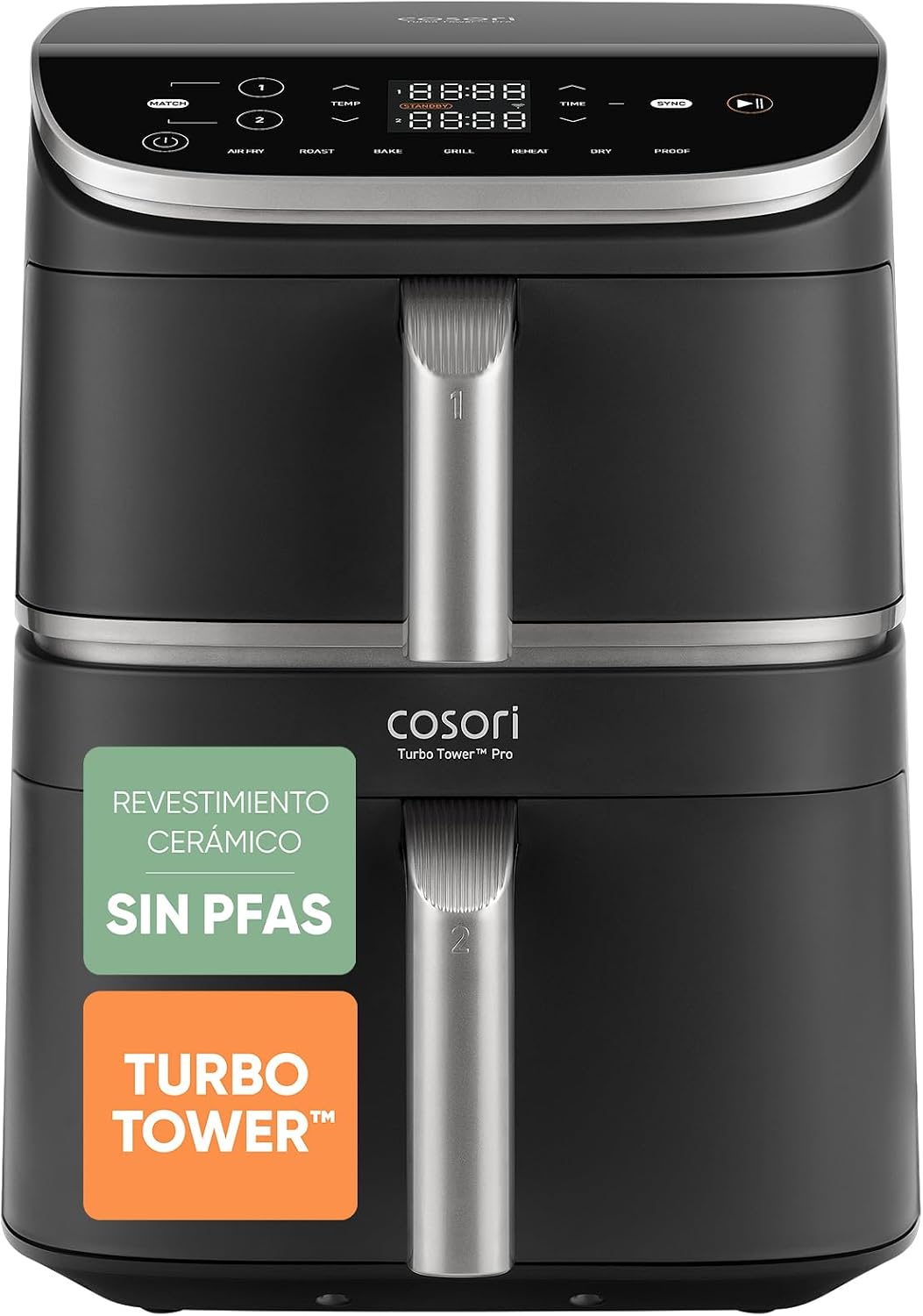 freidora de aire, Cosori, Air Fryer Turbo Tower Pro 10,8 Litros, Multifunción 7 en 1, Doble Resistencia con Turbo Blaze