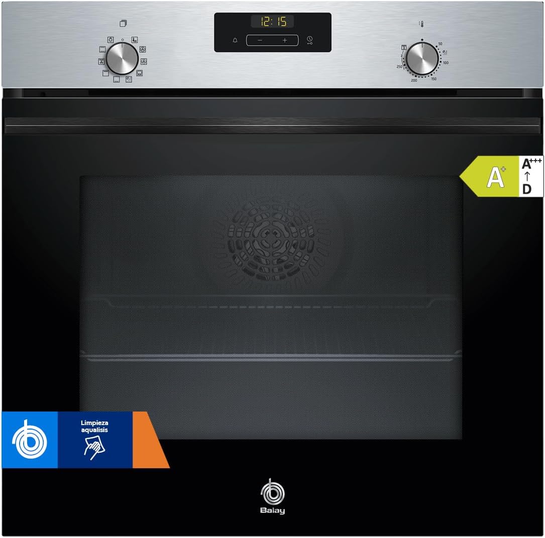 horno de pared 3HB4131X3, Balay, Raíles 1 nivel, - Horno multifunción, Control Confort, Aqualisis, Cristal Negro