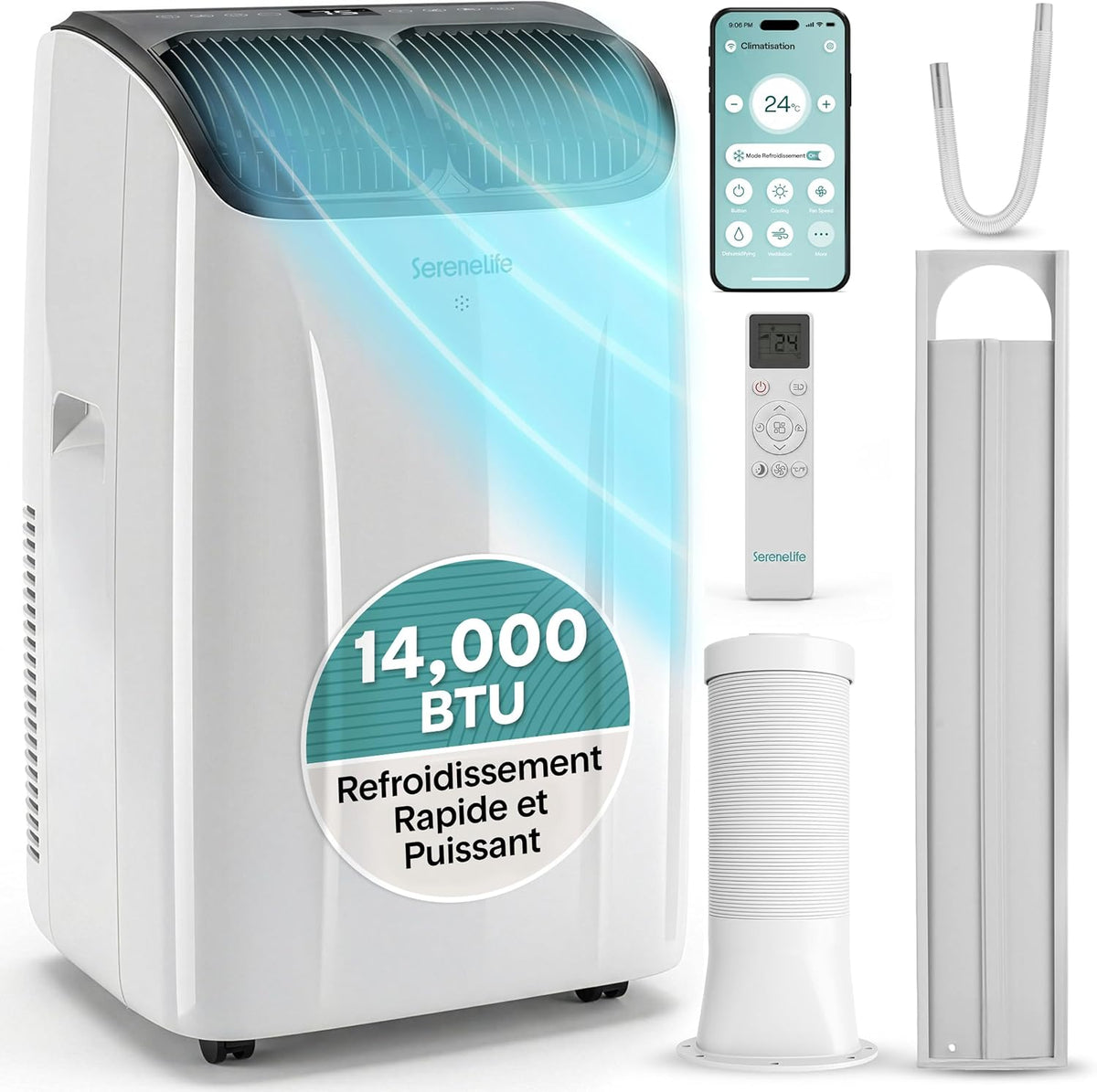 aire acondicionado portátil, SereneLife, 14000 BTU - Clim Móvil 3 en 1 Silencioso con WiFi, Temporizador 24 Horas, Deshumidificador, Ventilación