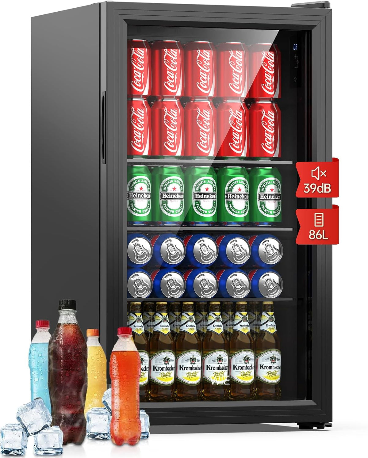 frigorífico para bebidas, WIE, 3 Estantes Ajustables, Nevera Pequeña, Refrigerador de Bebidas con Puerta de Vidrio, Control Inteligente, Bar, Oficina