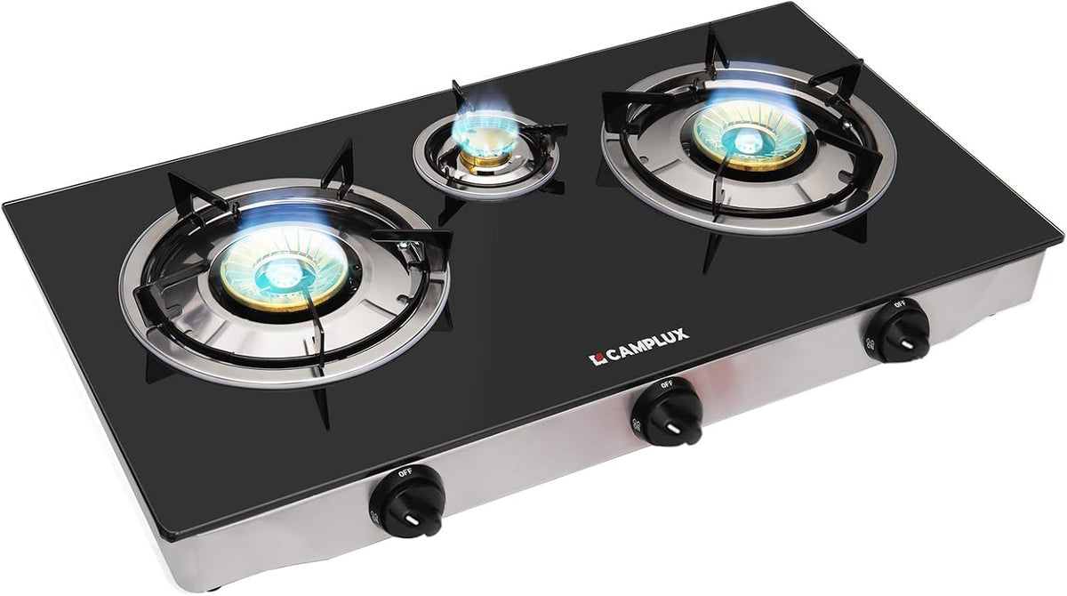 Placa TC03GBEU, CAMPLUX, Explorer Cocina de Gas de 3 Fuegos, para Camping, Vanlife y Jardín, 6,25 kW, Butano (28-30mbar), Propano (37mbar)