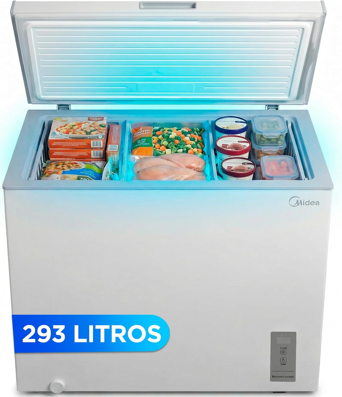 congelador horizontal, Midea, Arcon Congelador Pequeño de 293L, Arcón Silencioso 41 db Bajo Consumo, Convertible a Frigorífico con Motor Inverter