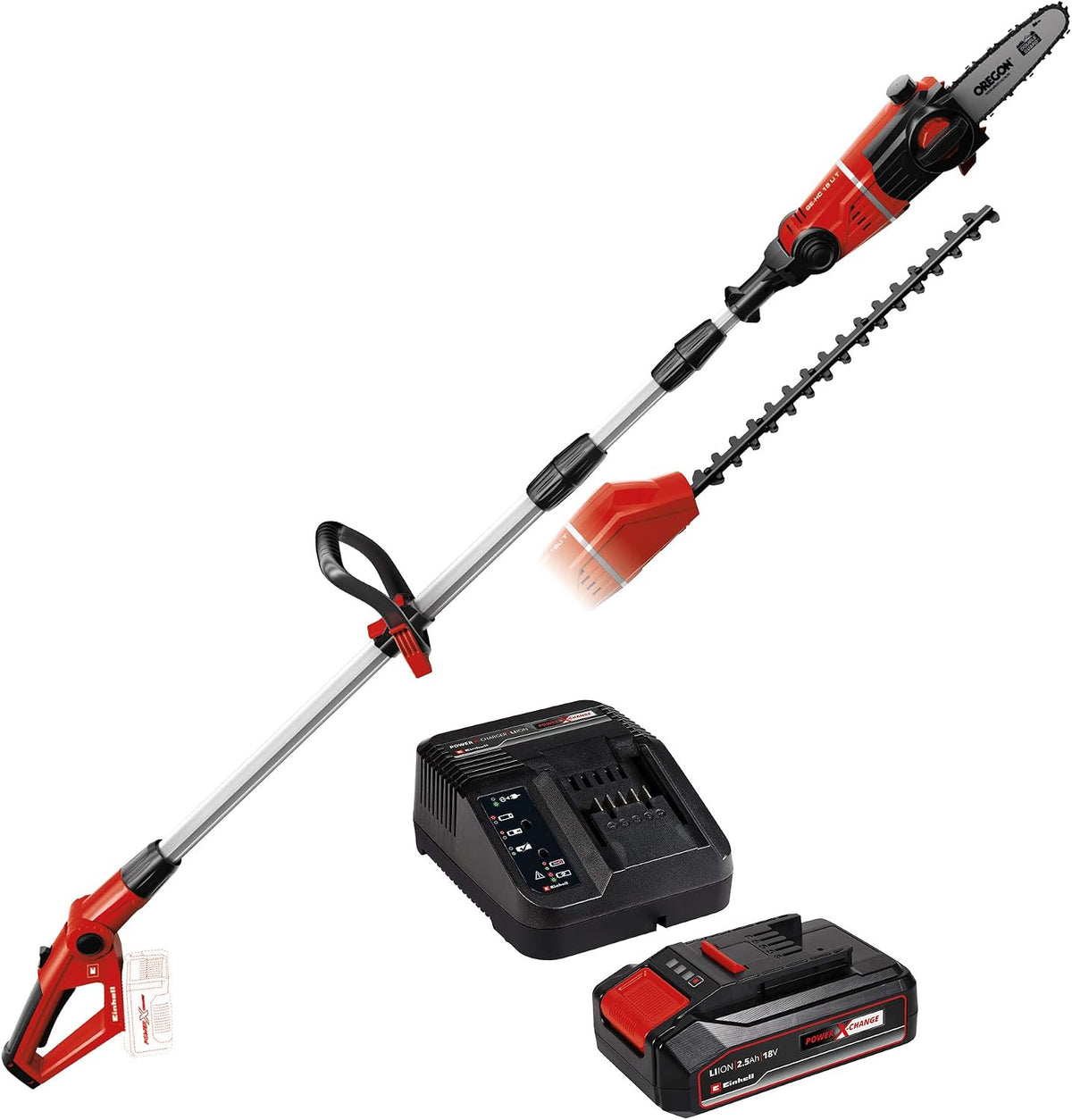 Einhell motosierra, Mango Telescópico Bloqueable, 18 V + Kit para principiantes con Batería 2,5 Ah + Cargador Power X-Change