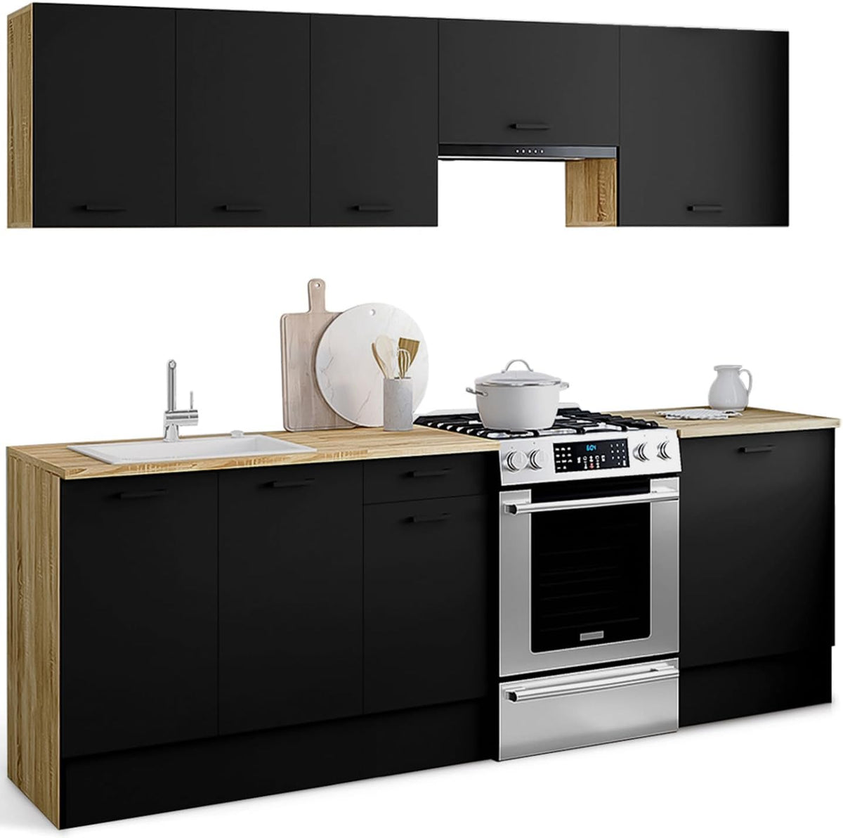 Módulo, IDMarket, - Cocina completa 240 cm Subtil con encimera 7 elementos madera y negro