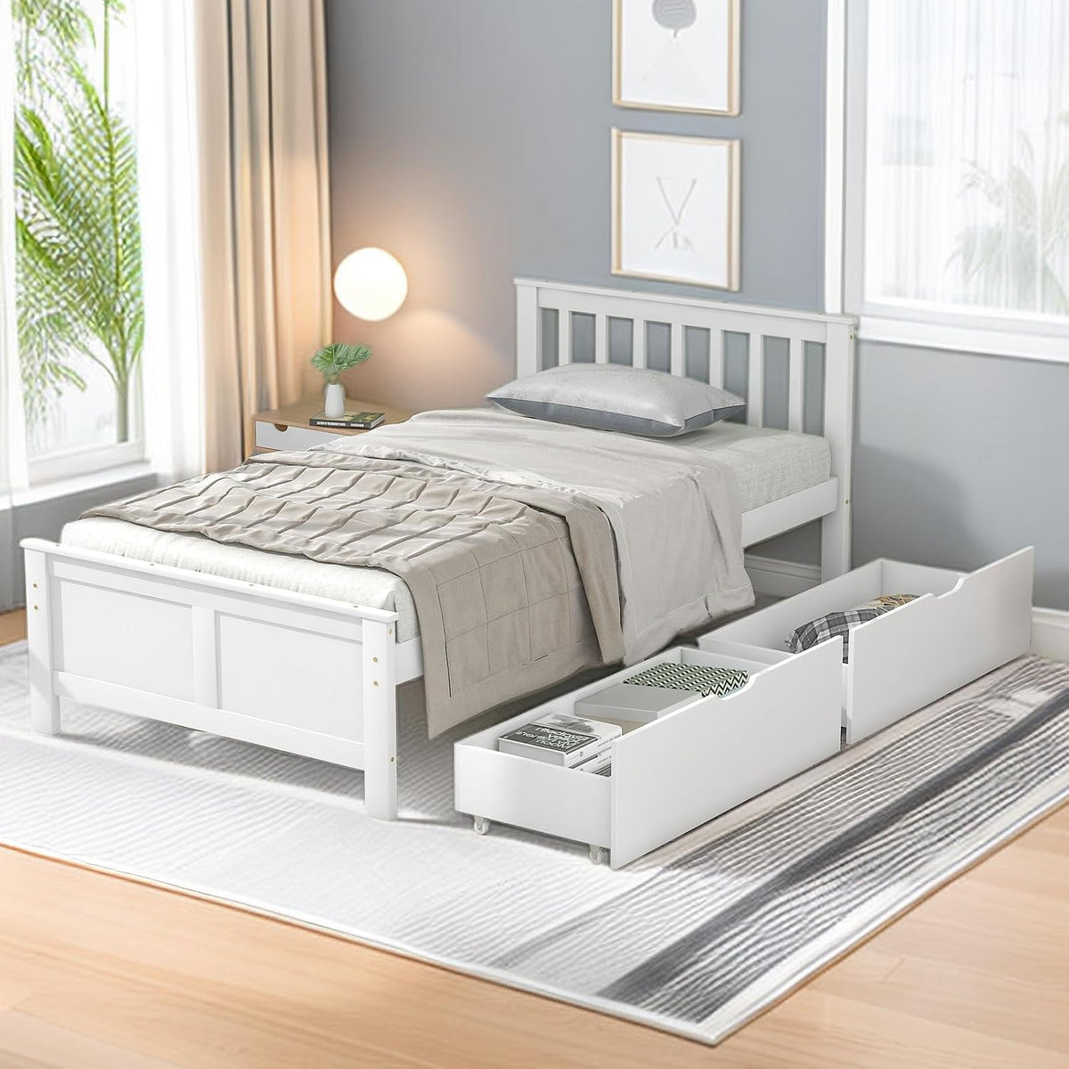 cama, Bgsryao, 2 cajones para almacenamiento, para adultos, de madera con cabecero y somier, 90 x 200 cm, individual, juvenil, invitados, infantil
