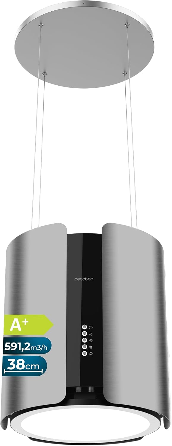 Cecotec campana extractora, de Isla Redonda 38 cm Bolero Flux CRE 385500 Inox A+. Succión 591,2 m3, h, Control de Botones Electrónicos, Clase A+