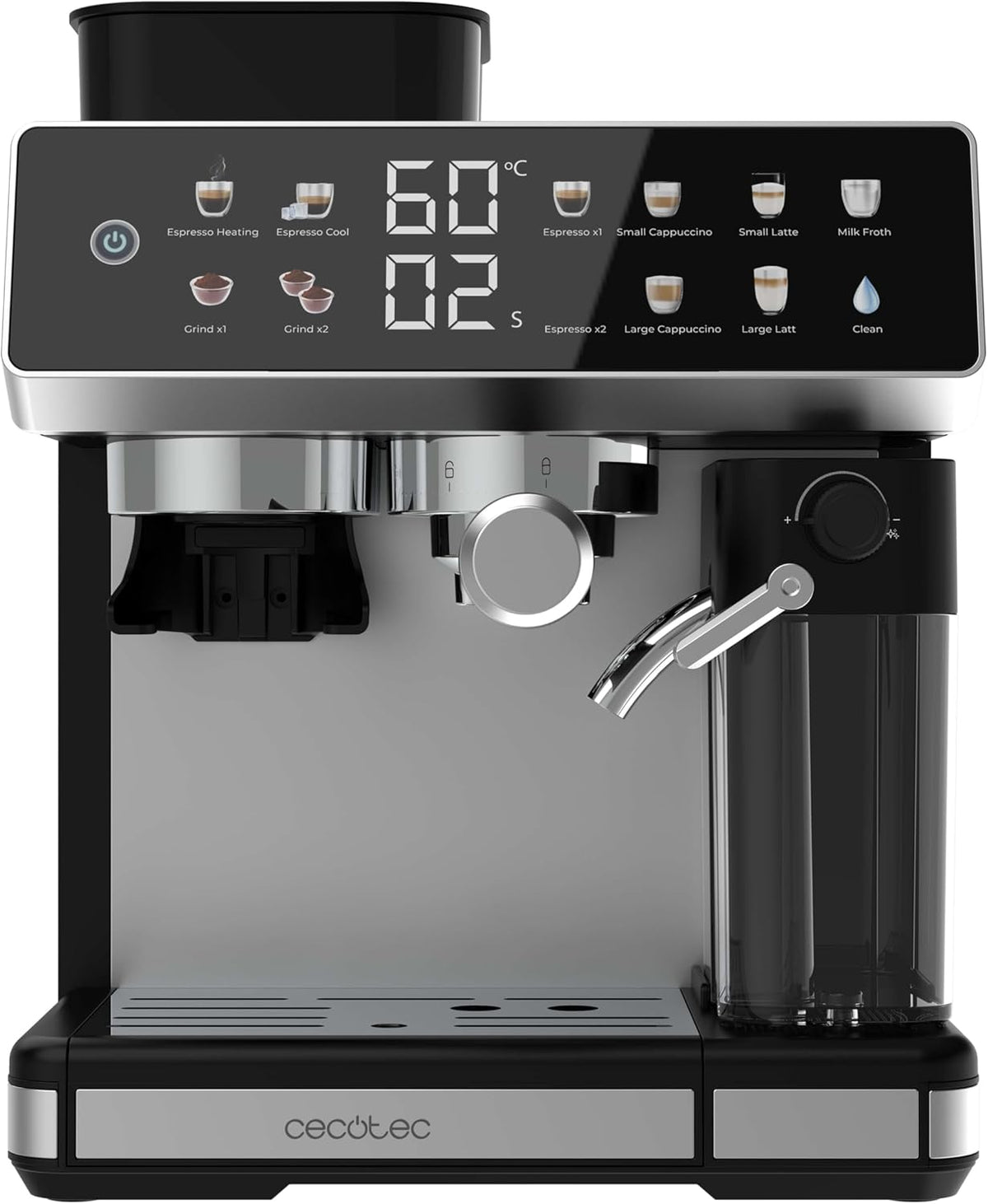 Cecotec cafetera, Express Barista Power Espresso 20 Barista Grind & Latte. 1350W, 20 Bares, 2.6L Depósito Agua, 100g Café y 500ml Leche, Autolimpieza