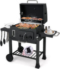 barbacoa de carbón, KOMFOTTEU, Carro de Barbacoa con Ruedas con Rejilla para Parrilla, para Exterior, con 2 Mesas Laterales Plegables, 3 Ganchos
