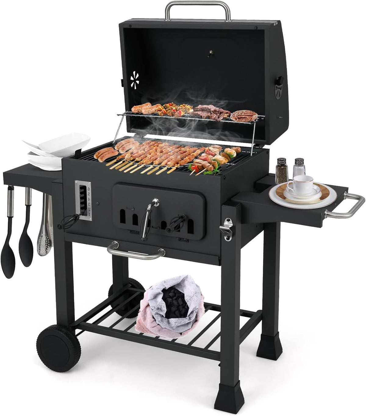 barbacoa de carbón, KOMFOTTEU, Carro de Barbacoa con Ruedas con Rejilla para Parrilla, para Exterior, con 2 Mesas Laterales Plegables, 3 Ganchos