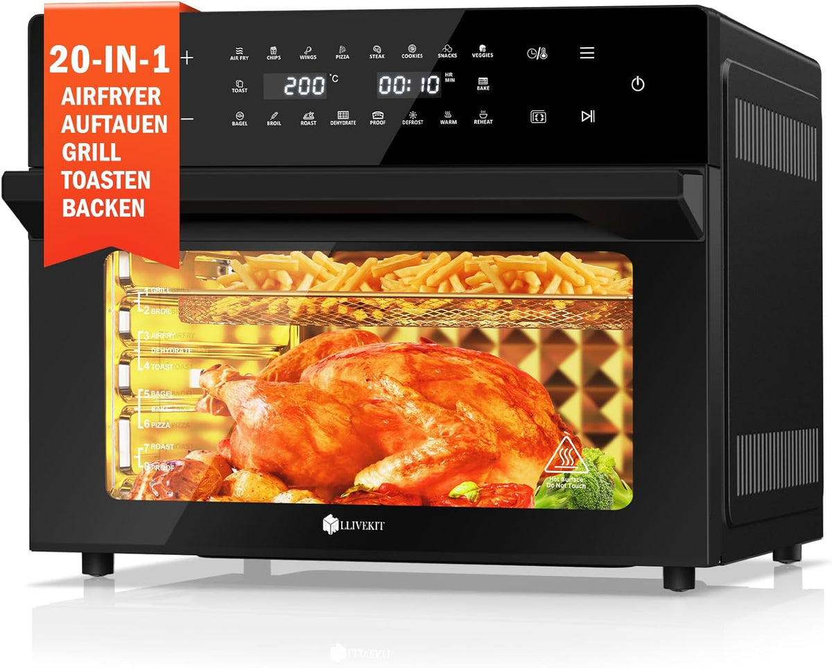 freidora de aire C-230, LLIVEKIT, Horno 30 L con Asador Giratorio, 1800W, Air Fryer Pantalla Táctil LED, Convección con Recetas