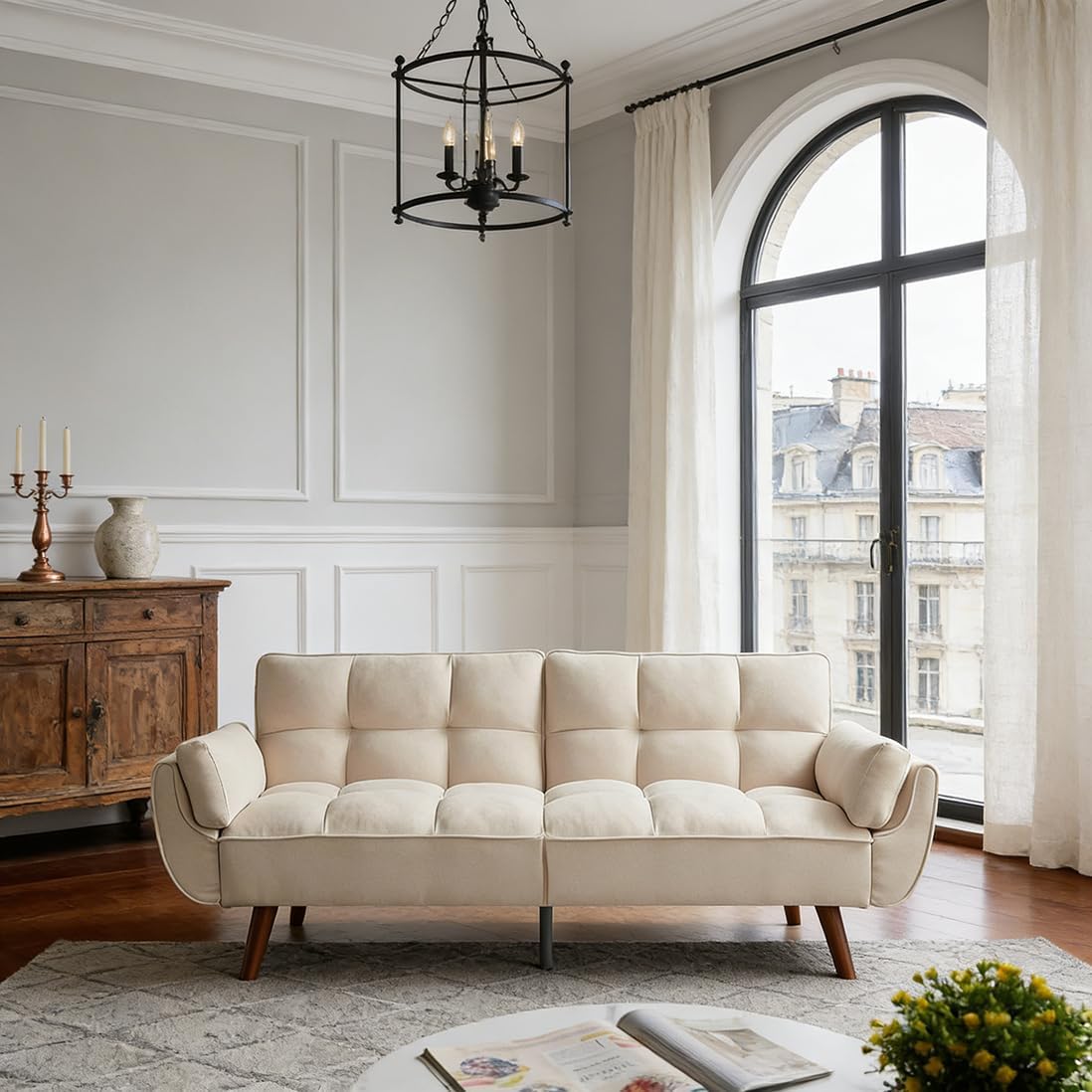 sofá, JIEXI, Adjustable Backrest 3-Seater Sofa, Modern Scandinavian-Style Convertible Sofa Bed, Beige