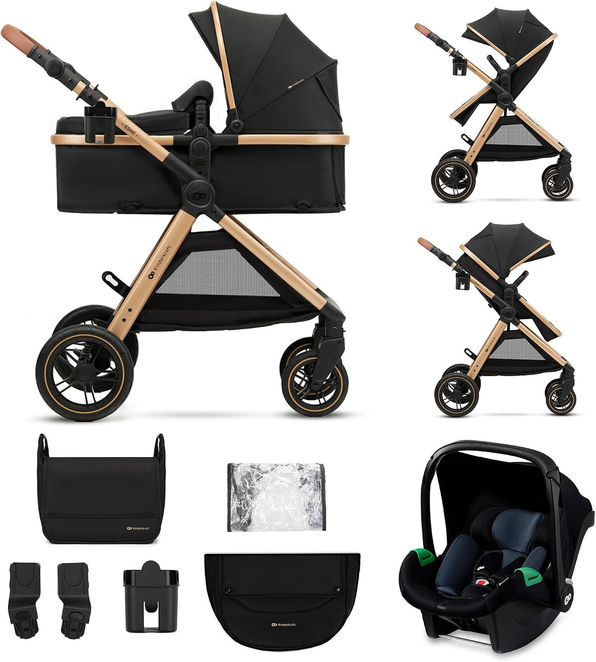 silla de paseo, Kinderkraft, Cochecito para Bebé, para Recién Nacido hasta 4 Años, Negro, con Portabebés Mink PRO I-Size, Sistema de Viaje, Plegable