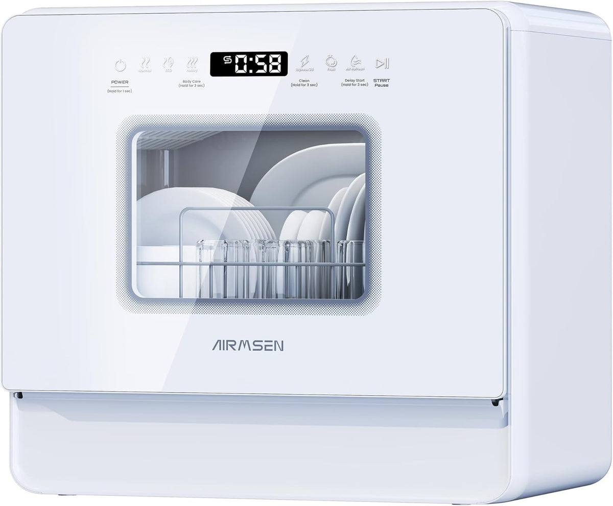 lavavajillas, AIRMSEN, Portátil Pequeño con 7+2 Programas, Función de Sal Absoftante Depósito de 5L Control Táctil y Pantalla LED, Para Cocinas