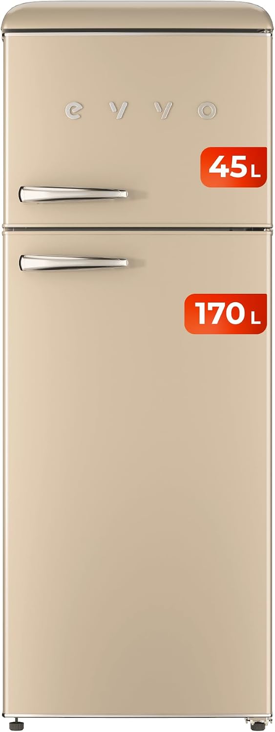 frigorífico combi F45, EVVO, Frigorífico 2 Puertas, Refrigerador 170 Litros, Congelador 45 Litros, Silencioso. F45 Beige, Estilo Retro, Diseño Vintage